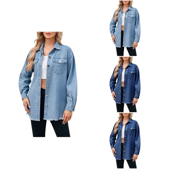 Antinious Womens Solid Casual Button Up Frayed Hem Shacket Long Sleeve Pockets Silm Denim Jean Jacket,Womens Winter Trench Coat,Jackets for Women Trendy,Dark Blue,S