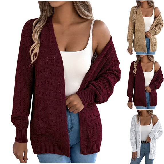 Antinious Womens Solid Casual Long Sleeve Soft Knit Open Front Cardigan Sweaters for Women,Womens Sweaters,Warm Winter Coats,Wine,M