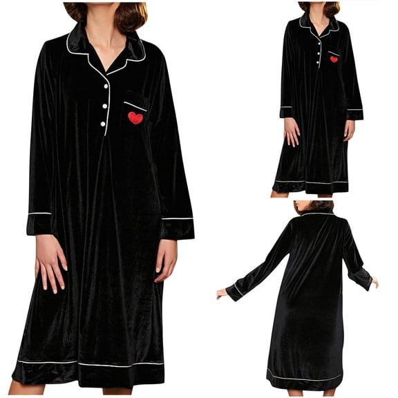Antinious Womens Solid Nightdress Pocket Long Sleeve Long Nightgown Cozy Sleep Dress,Nightgowns for Women,Women Pajama Dress,Black,L