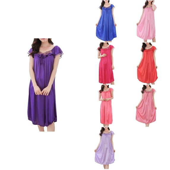 Antinious Womens Solid Short Sleeve Ice Silk Mid Calf Nightdress Sleepdress,Holiday!Nightgowns for Women,Women Pajama Dress,Purple,XXL