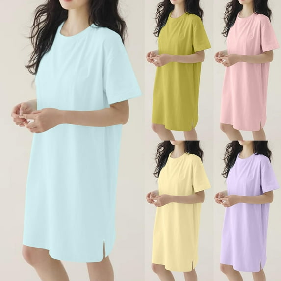 Antinious Womens Solid Short Sleeve Round Neck Long Sleepwear With Built In Bra Hem Split Casual Nightdress,Nightgowns for Women,Women Pajama Dress,Green,XL