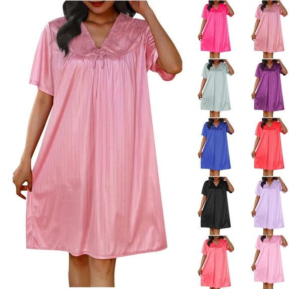 Antinious Womens Solid Short Sleeve V-Neck Lightweight Short Sleep Nightdress,Holiday!Nightgowns for Women,Women Pajama Dress,Red,Free Size