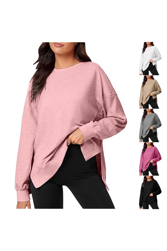 Womens Solid Contrast Side Split Crew Neck Long Sleeve Casual Streetwear,Sweatshirt for Women,Going Out Tops for Women,White,XL