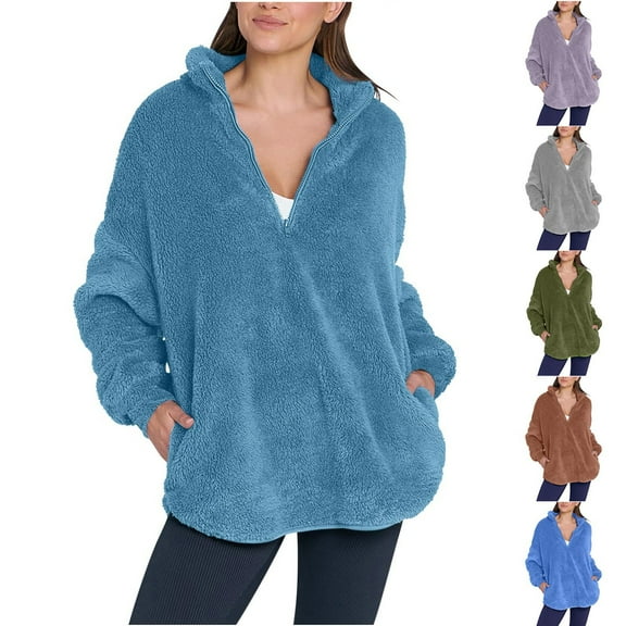 Antinious Womens Solid Double Velvet Half Zip Long Sleeve Padded Warm Long Sleeve Blouse with Pockets,Winter Sweatshirt for Women,Going Out Tops for Women,Brown,S