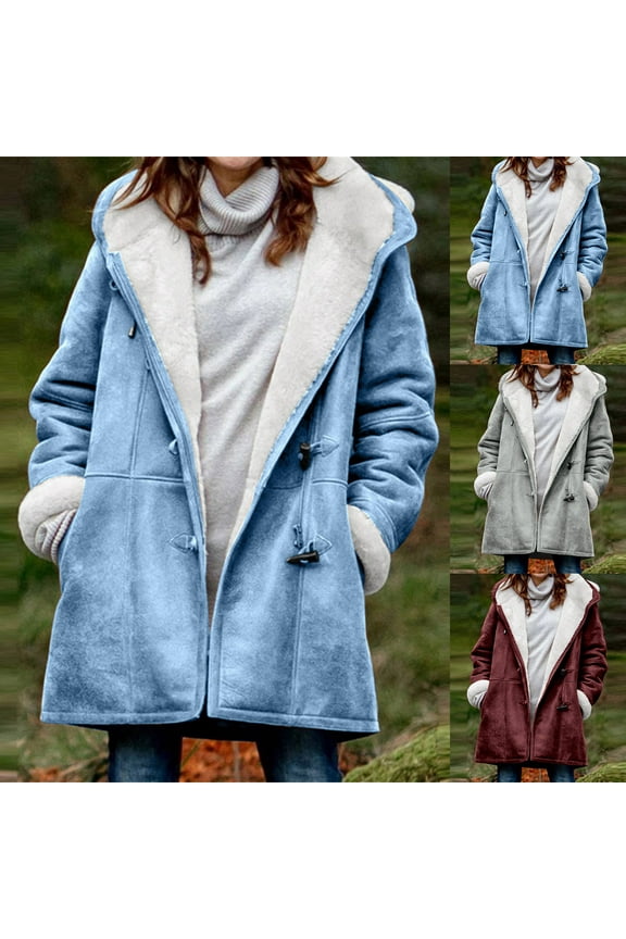 Womens Solid Long Sleeve Hooded Fleece Warm Duffle Coat with Buttons and Pockets,Trench Coat Women,Jackets for Women Trendy,Light Blue,S