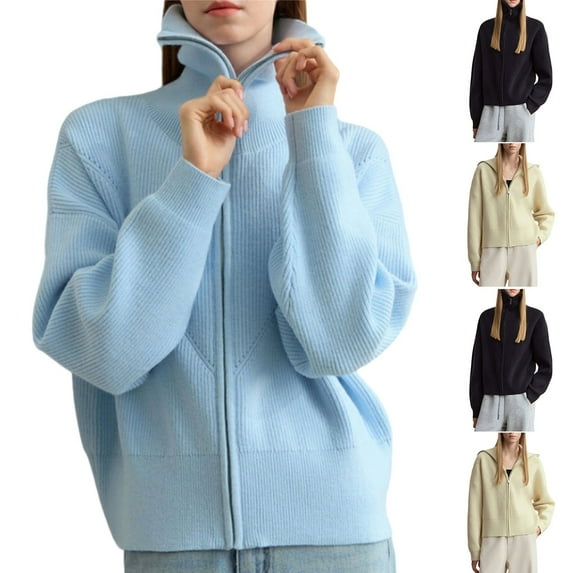 Antinious Womens Solid Long Sleeve Open Front Sweater Jacket Casual Loose Knit Outwear with Pockets,Warm Trench Coat,Jackets for Women Trendy,Blue,Free Size
