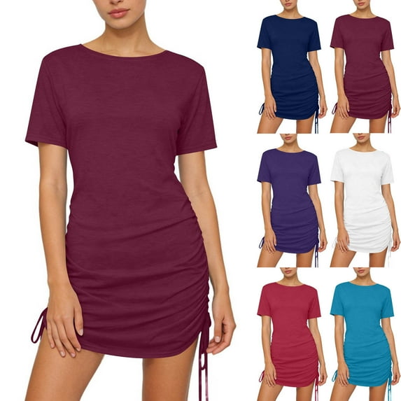 Antinious Women Solid Round Neck Adjustable Drawstring Short Sleeve Casual Dress