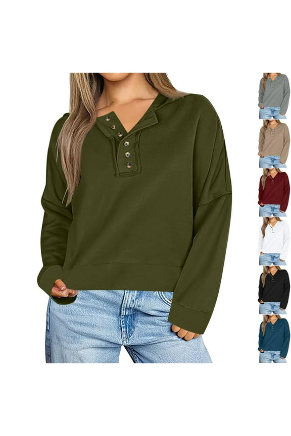 Womens Sweatshirts Casual Solid V Neck Button Down Long Sleeve Dress Shirts,Fall Winter Going Out Tops for Women,Sweatshirt for Women,White,XXL