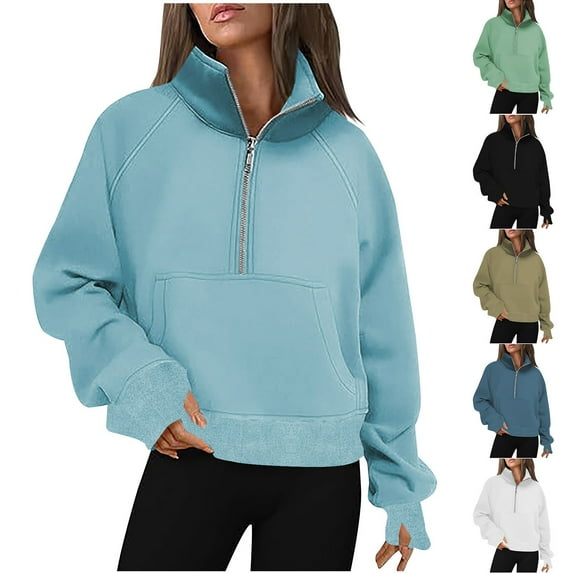 Antinious Womens Sweatshirts Half Zip Cropped Pullover Fleece Long Sleeve Collar Workout Tops,Fall Winter Savings!Sweatshirt for Women,Going Out Tops for Women,Navy,L