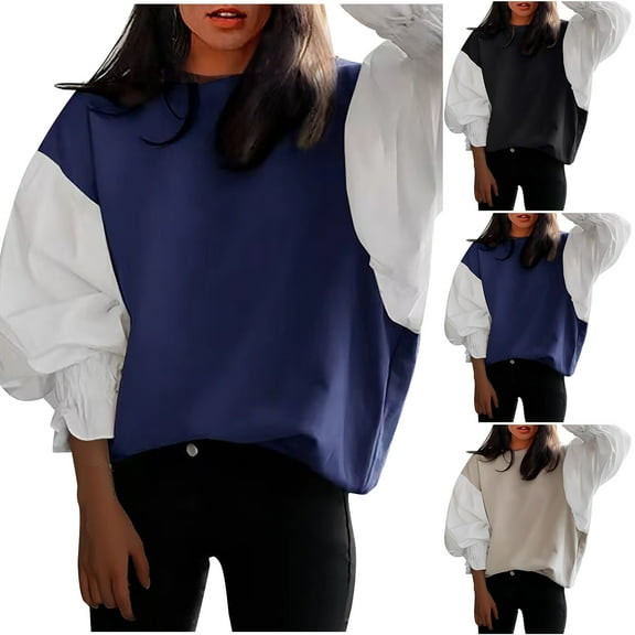 Antinious Womens Tops Solid Crew Neck Long Sleeve Colorblock Casual T-Shirt,Sweatshirt for Women,Going Out Tops for Women,Black,Free Size