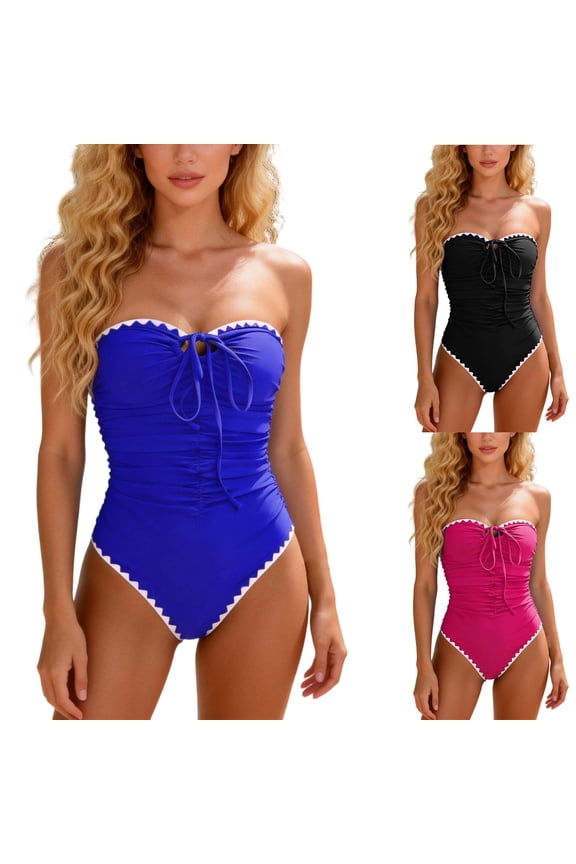 Antinous Ladies Solid Bikini Swim with Strappy Detail And Ruched Panel for Beach Vacation Style