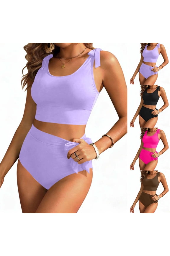 Antinous Ladies Solid Crewneck Bikinis Set with Closure And Chest Padding Casual Beach Wear