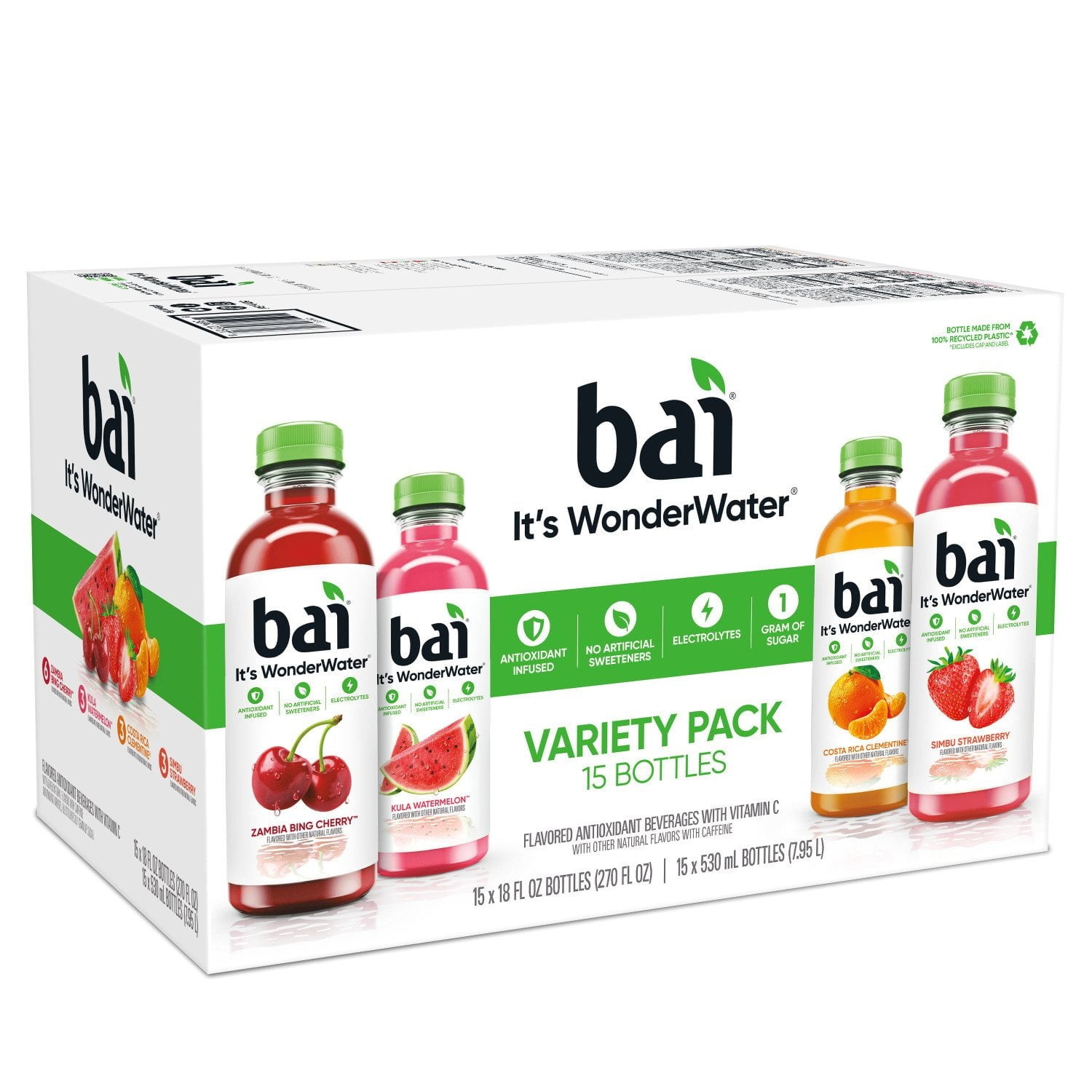 Bai WonderWater Antioxidant Flavored Water Variety Pack, 18 fl oz Bottles, 15 Pack