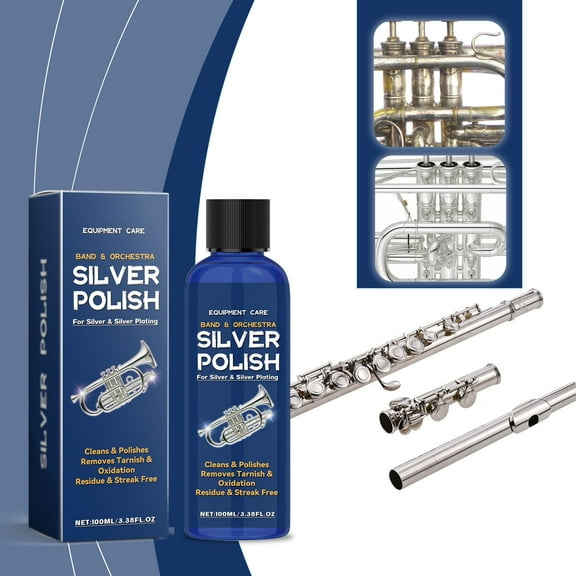 Antioxidant Silver Polish Cleaning Solution 100ml | Efficient Gentle Silverware Cleaner & Polish | Long-Lasting Anti-Tarnish Gloss for Plated Silver Instruments & Orchestral Use | Easy Household Care