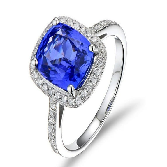 Antique 1.50 Carat Cushion Cut Blue Sapphire And Diamond Moissanite Halo Engagement Ring In 10K White Gold, Promise Ring, Anniversary Ring