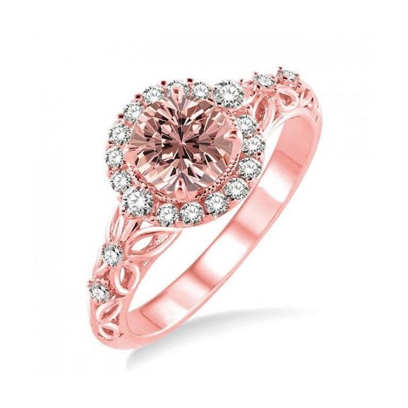 Antique 1.50 Carat Round cut Morganite and Diamond Engagement Ring in 14k Rose Gold morganite and diamond engagement ring