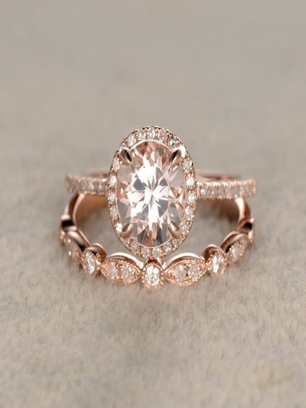 Antique 1.50 carat Round Cut Morganite and Diamond Halo Bridal Set in ...