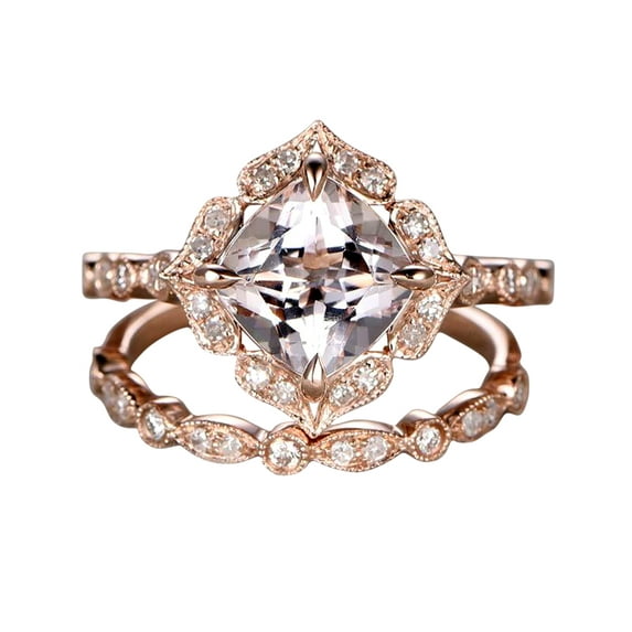Antique 1.60 carat Cushion Cut Real Morganite Ring Bridal Set with Real Moissanite On Sterling Silver with 18k Gold Plating