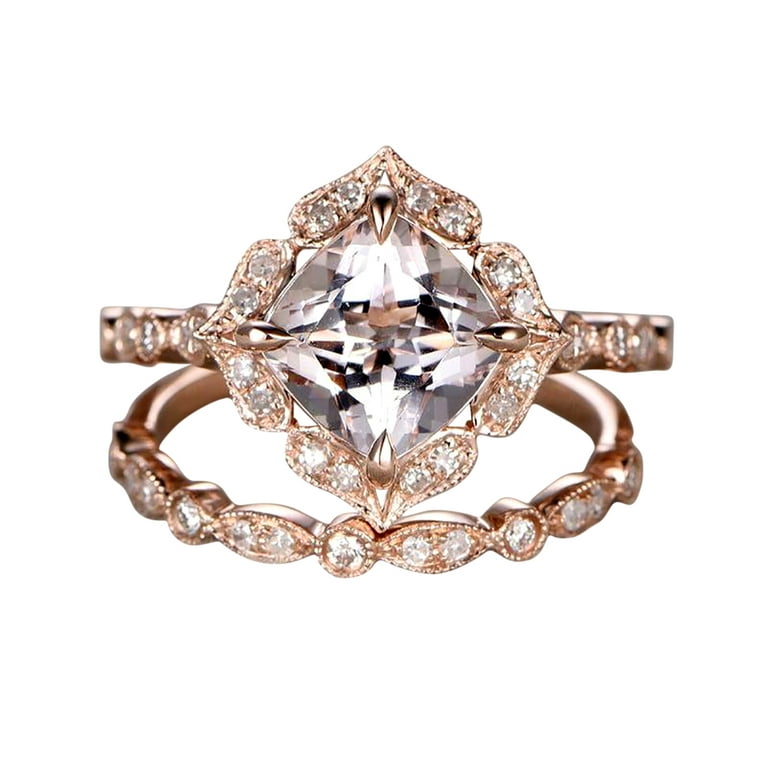 Antique 1.60 carat Cushion Cut Real Morganite Ring Bridal Set with man made diamond moissanite On Sterling Silver with 18k Gold Plating