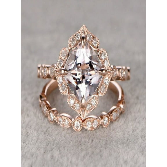 Antique 1.60 carat Round Cut Morganite and Diamond Halo Bridal Set in Rose Gold: Bestselling Design
