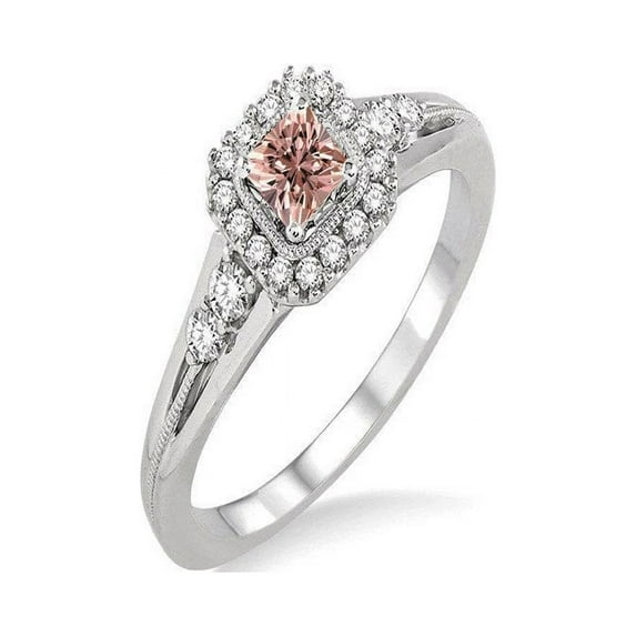 Antique 1 Carat Princess cut Morganite and Diamond Engagement Ring in 14k White Gold morganite and diamond engagement ring
