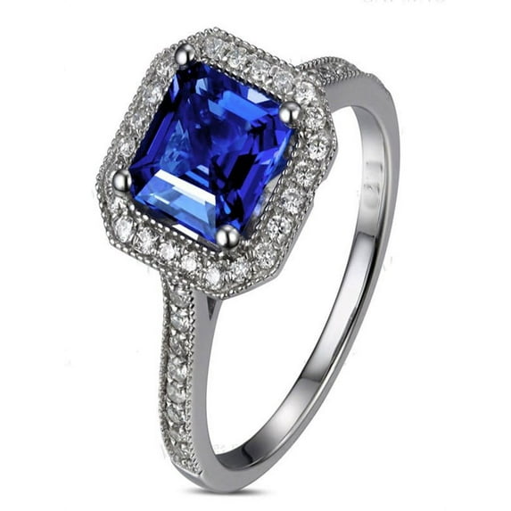 Antique 1 Carat princess cut Sapphire and Diamond Engagement Ring in White Gold