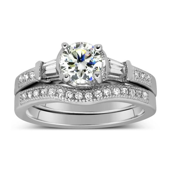 Antique 2.00 Carat Round Moissanite Diamond Wedding Ring Set With Baguette Cut For Her In 10K White Gold, Promise Ring, Anniversary Ring