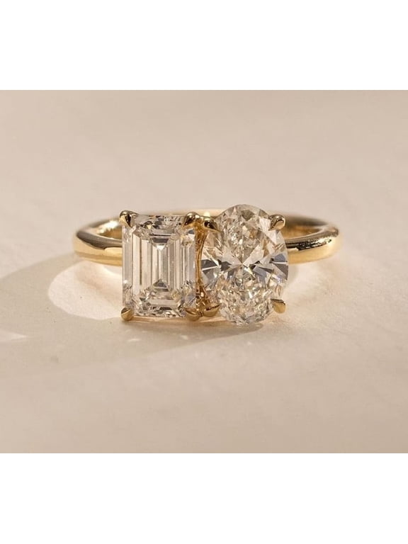Antique 2 CT Toi Moi Wedding Ring Emerald & Oval Cut 18K Solid Gold Ring Moissanite Double Stone Engagement Ring