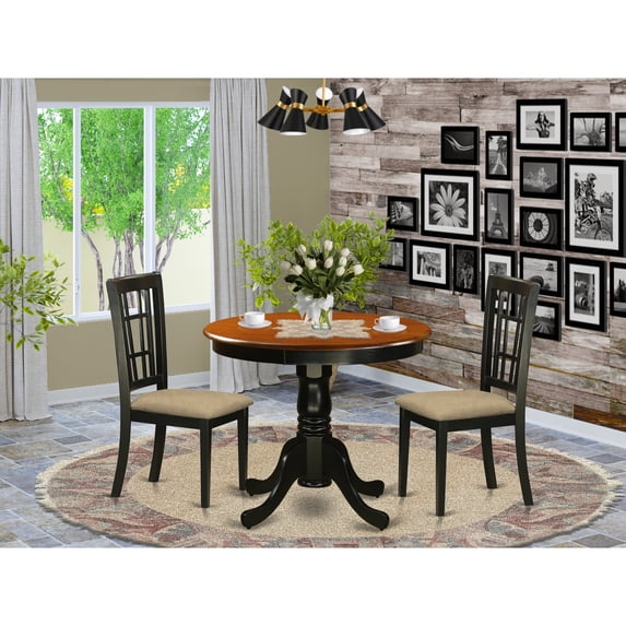 Antique 3 Piece Pedestal Round Dining Table Set with Nicoli Microfiber Seat Chairs