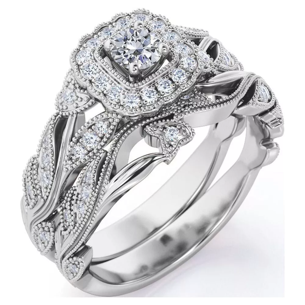 Antique 3CT Simulated Diamond Art Deco Wedding Ring Set, Filigree ...