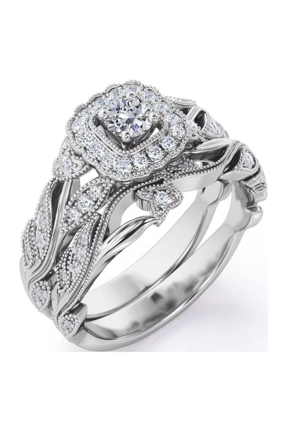 Antique 3CT Simulated Diamond Art Deco Wedding Ring Set, Filigree Design, Sterling Silver