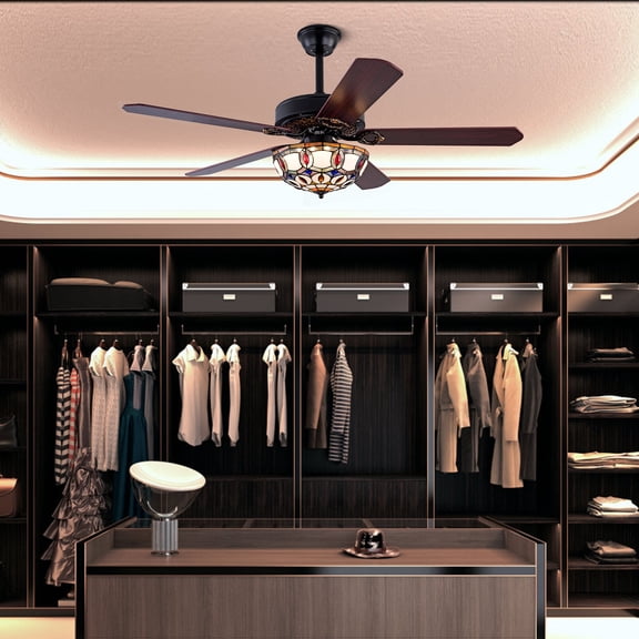 Antique 52 inch Indoor Mediterranean Reversible Ceiling Fan with Light Remote Control, 5 Blades Down Rod Installation Chandelier Fan