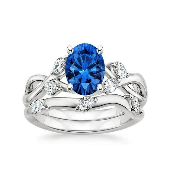 Antique Affordable 1.50 Carat Sapphire And Diamond Moissanite Wedding Ring Set Engagement Bridal Ring In 10K White Gold