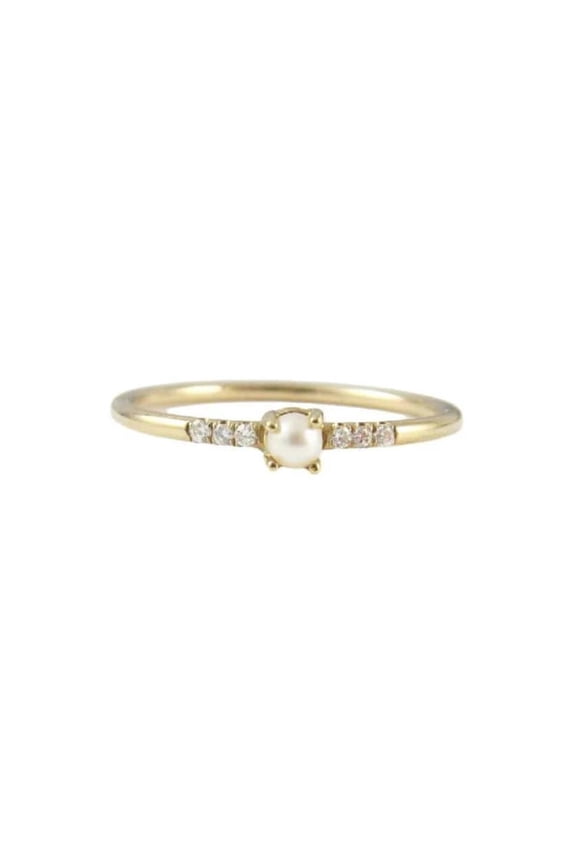 Antique Akoya Pearl and CZ Diamond Half Eternity Band, Solid Gold Half Eternity Stacking Minimalist Delicate Dainty Bridal, June Birthstone