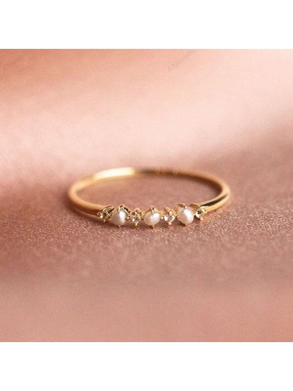 Antique Akoya Pearl and CZ Diamond Half Eternity Band