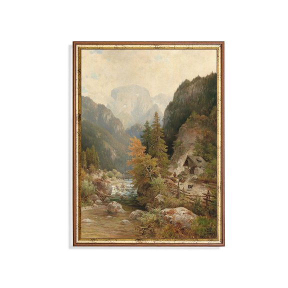 Antique Alpine Mountain Rustic Cabin & River Landscape Poster Decor For Living Room Bedroom, Size 8x12 UNFFRAMED F03.1.7l961