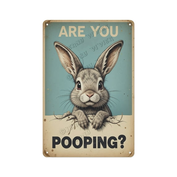 Antique Aluminum Sign with a Funny Bunny "Are You Pooping?", 8 x 12 Inches, Add Some Fun and Whimsy to Your Bathroom, Bedroom, or Kitchen with This Humorous Sign