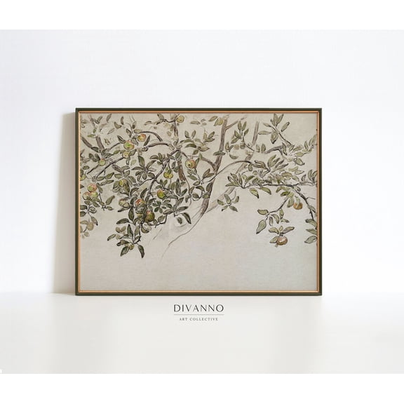 Antique Apple Tree Branch Rustic Farmhouse Botanical Study, UNFRAMED Size 16x16