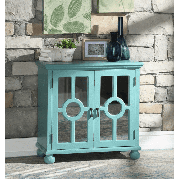 Antique Aqua Wooden Storage Cabinet - Modern Traditional Accent Chest with Mirror Doors for Living Room & Bedroom