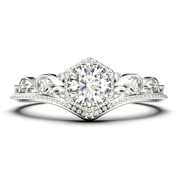 Antique Art Deco 1.50 Carat Round Cut Crown Diamond Moissanite Engagement Ring, Engraved Wedding Ring in 925 Sterling Silver With 18k White Gold Plating, Gift,Promise Ring, Anniversary Rings