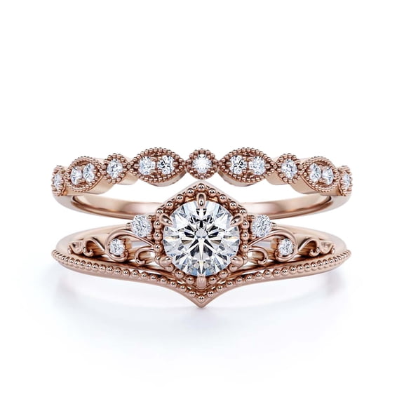 Antique Art Deco 2.00 Carat Round Cut Crown Diamond Moissanite Engagement Ring, Wedding Ring, One Matching Band in 925 Sterling Silver With 18k Rose Gold Plating, Promise Ring, Anniversary Rings