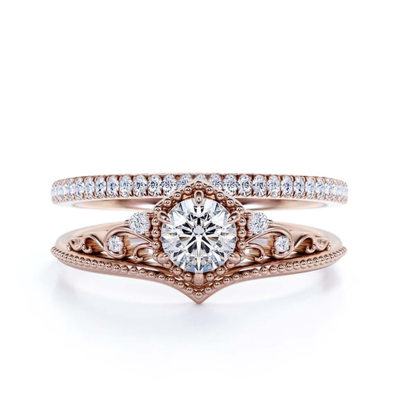 Antique Art Deco 2.00 Carat Round Cut Crown Diamond Moissanite Engagement Ring, Wedding Ring, One Matching Band in 925 Sterling Silver With 18k Rose Gold Plating, Promise Ring, Anniversary Rings