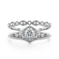 Antique Art Deco 2.00 Carat Round Cut Crown Diamond Moissanite Engagement Ring, Wedding Ring, One Matching Band in 925 Sterling Silver With 18k White Gold Plating, Promise Ring, Anniversary Rings