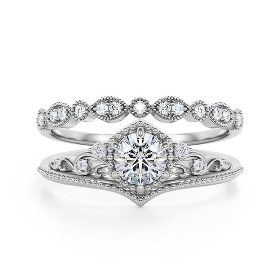 Antique Art Deco 2.00 Carat Round Cut Crown Diamond Moissanite Engagement Ring, Wedding Ring, One Matching Band in 925 Sterling Silver With 18k White Gold Plating, Promise Ring, Anniversary Rings