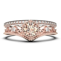 Antique Art Deco 2.00 Carat Round Cut Crown Morganite And Diamond Moissanite Engagement Ring, Wedding Ring, One Matching Band in 925 Sterling Silver With 18k Rose Gold Plating, Promise Ring