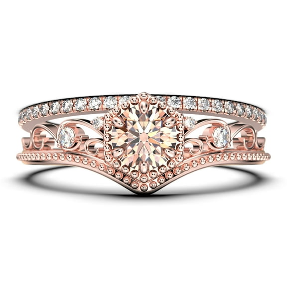 Antique Art Deco 2.00 Carat Round Cut Crown Morganite And Diamond Moissanite Engagement Ring, Wedding Ring, One Matching Band in 925 Sterling Silver With 18k Rose Gold Plating, Promise Ring