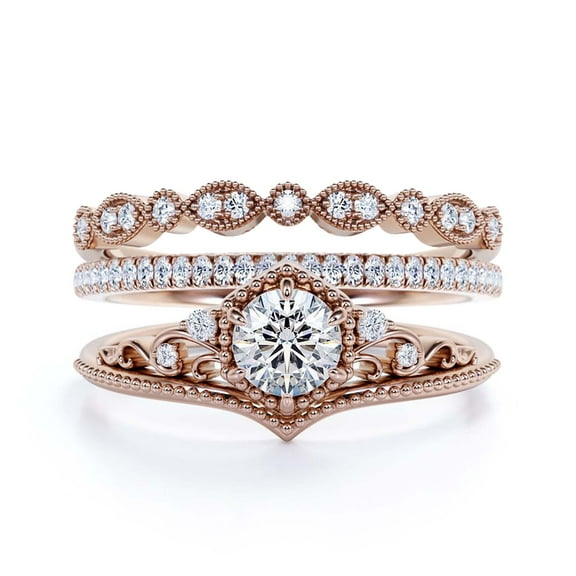 Antique Art Deco 2.50 Carat Round Cut Crown Diamond Moissanite Engagement Ring, Wedding Ring, Two Matching Band In 925 Sterling Silver With 18K Rose Gold Plating, Promise Ring, Anniversary Rings