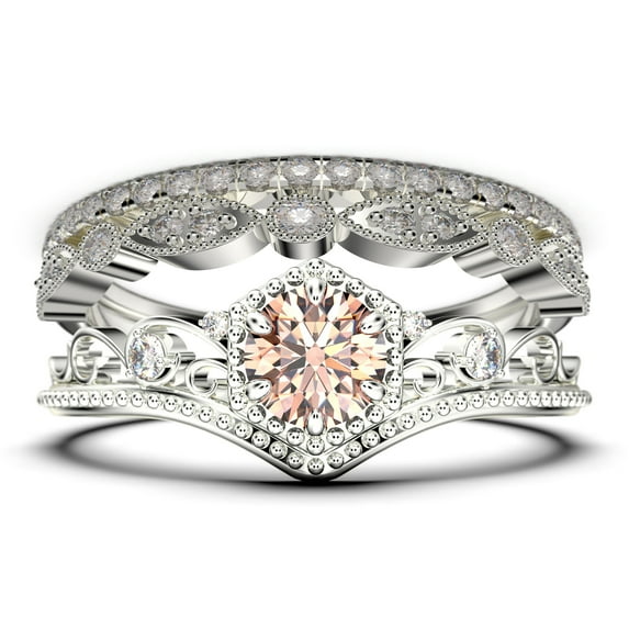 Antique Art Deco 2.50 Carat Round Cut Crown Morganite And Diamond Moissanite Engagement Ring, Wedding Ring, Two Matching Band in 925 Sterling Silver With 18k White Gold Plating, Promise Ring