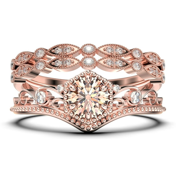 Antique Art Deco 2.50 Carat Round Cut Crown Morganite And Diamond Moissanite Engagement Ring, Wedding Ring, Two Matching Band In 925 Sterling Silver With 18K Rose Gold Plating, Promise Ring