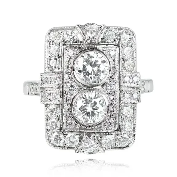 Antique Art Deco Halo Diamond Engagement Ring, 14K White Gold Plated, 2.1 CT Double Round Simulated Diamond, Side Stone Wedding Anniversary Ring
